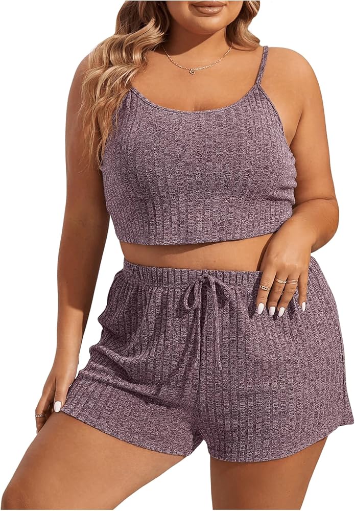 GORGLITTER Women's Plus Size Pajamas Set 2 Piece Ribbed Cami Top and Shorts Pjs Sleepwear Lounge Set