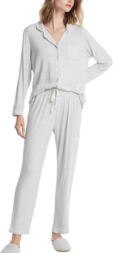 SIORO Ladies Soft Pajamas Set 2 Piece Modal Long Sleeve Loungewear for Women, Button Up Sleepwear Pj Outfits