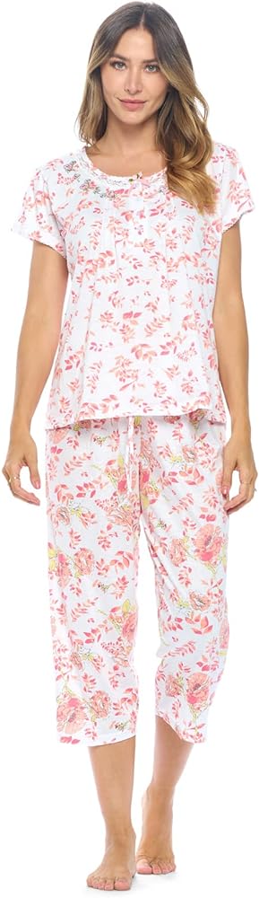 Casual Nights Women's Sleepwear Floral Top & Capri Pants Pajama Set Shirt with Printed Bottom Pjs