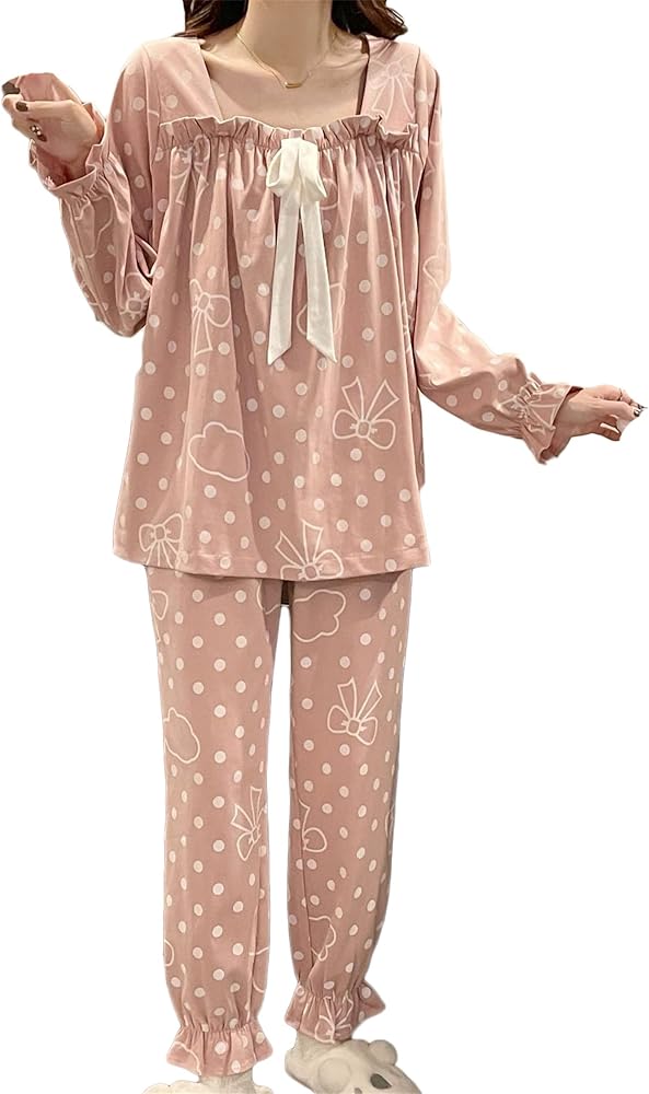 Casual Vintage Style Pajamas for Women Top and Pants Victorian Nightgown Loungewear Set