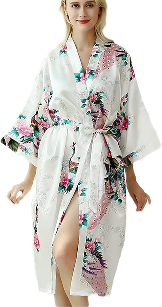 Andongnywell Women's Kimono Long Robe Peacock Silk Floral Robes Satin Bathrobes Sleepwear Loungewear Wedding Party