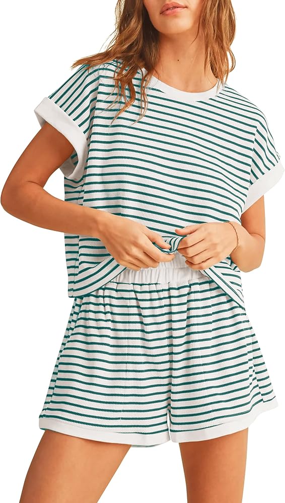 Cioatin Women 2 Piece Matching Lounge Sets Striped Short Sleeve Tee Shirt and Shorts Knit Pajama Set Tracksuit Summer