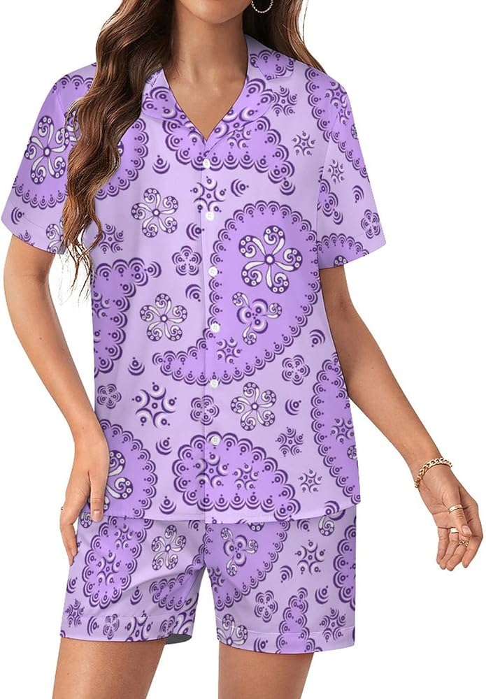 Purple Paisley Short Sleeve Women's Pajamas Button Down Loungewear Pj Shorts Sets Sleepwear