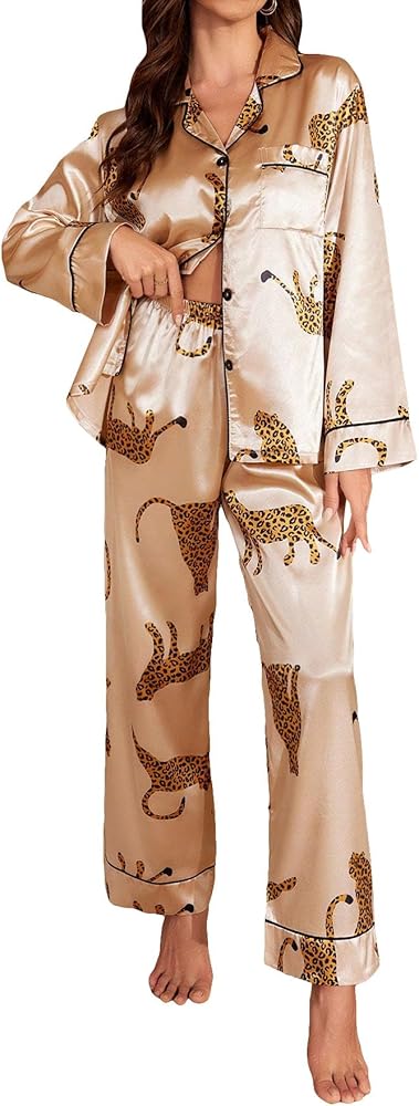 SOLY HUX Women's Silk Satin Leopard Print Sleepwear Long Sleeve Button Down Shirt and Pants Pajama Set Loungewear Champagne Leopard Small