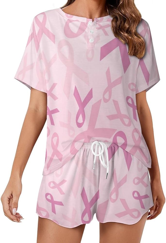 Pink Breast Cancer Awareness Classic Women's Pajamas Loungewear Set Loose Short Sleeve Sleepwear With Pockets