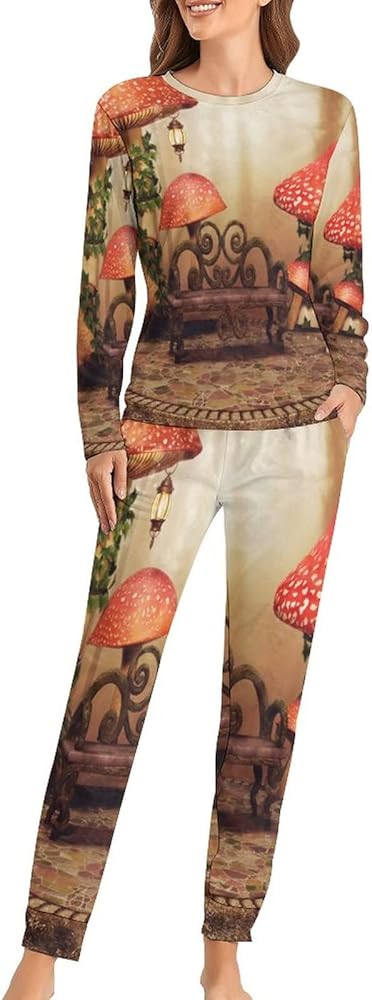 Fairytale Autumnal And Mushroom Casual Pajamas For Women Set Long Sleeve Sleepwear Nightwear Loungewear