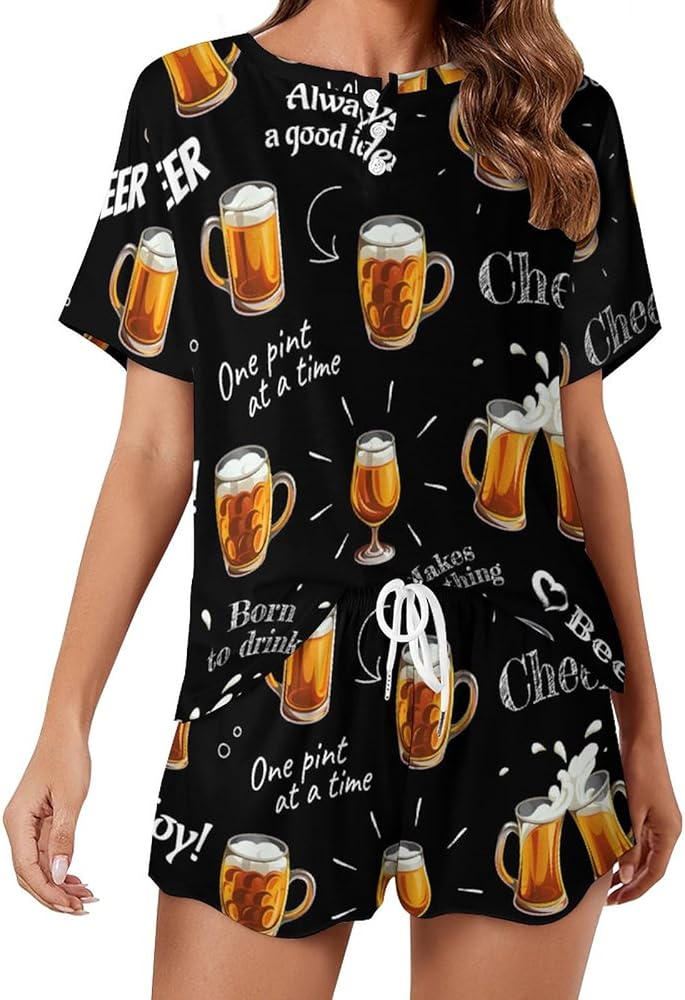 Beer Glasses Cups Classic Women's Pajamas Loungewear Set Loose Short Sleeve Sleepwear With Pockets