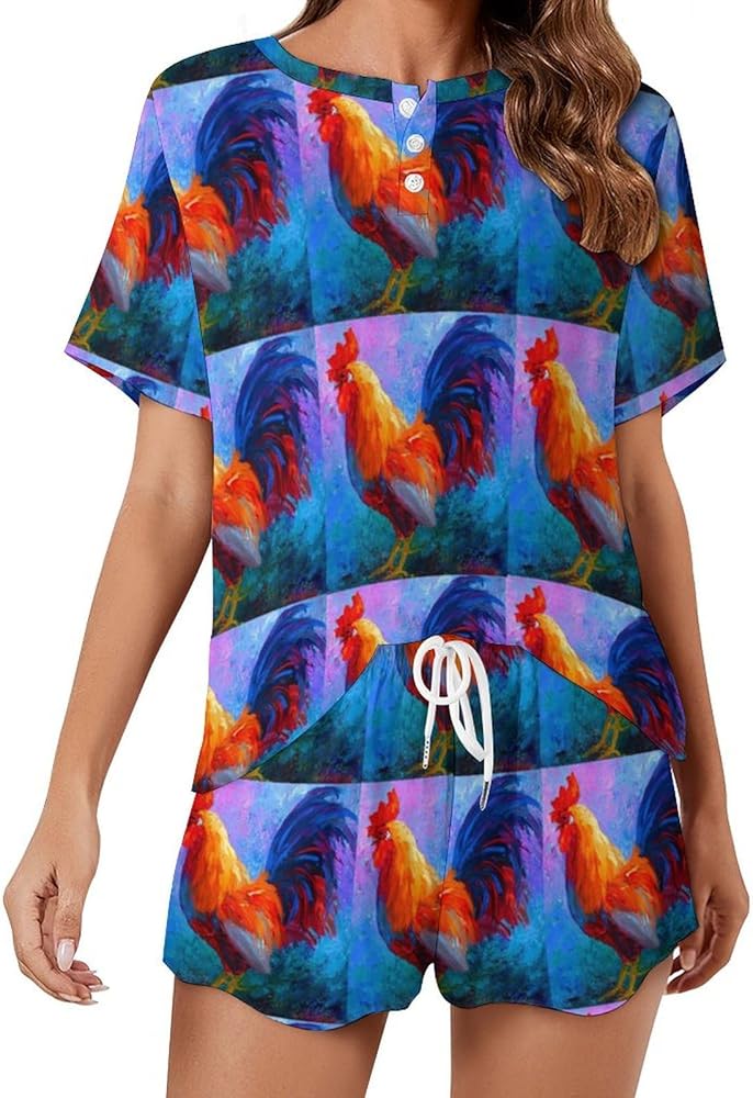 Watercolor Rooster Women's 2 Piece Pajamas Short Sleeve Shorts Sleepwear Set Causal Loungewear Home Suit 5XL