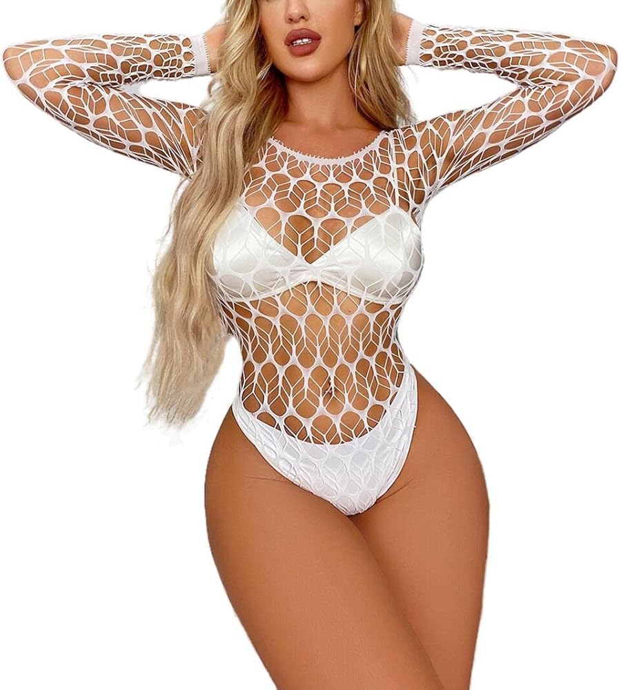 Women's Leafnet Bodysuit Fishnet One Piece Sexy Bodycon Sheer See Through Teddy Bodysuit Body Mesh Tops