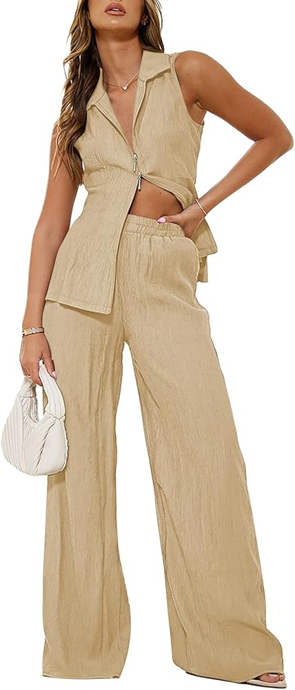 Pink Queen Womens Two Piece Outfits for Women Casual Sleeveless Top Wide Leg Pants Lounge Sets with Zipper