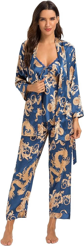 Escalier Women's Silk Satin Pajamas Set 3 Pcs Floral Silky Pj Sets Sleepwear Cami Nightwear with Robe and Pant