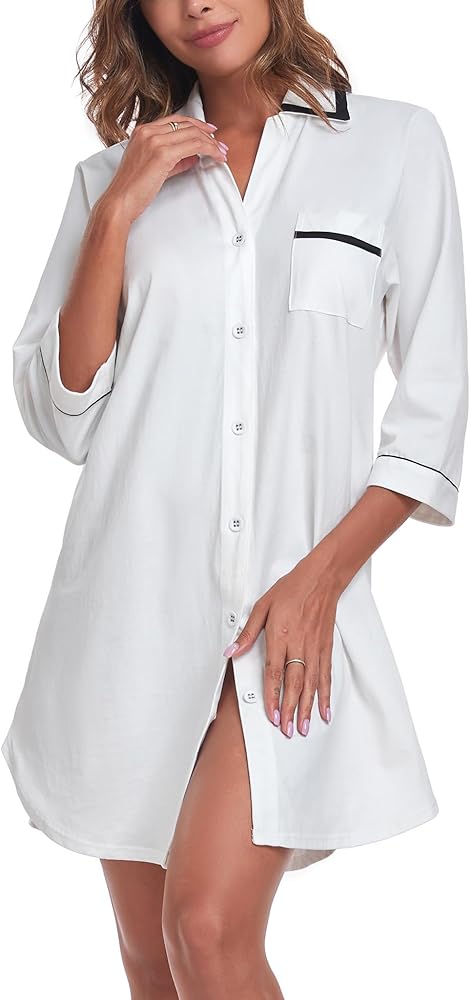 COLORFULLEAF 100% Cotton Nightgowns for Women 3/4 Sleeve Sleep Shirt Button Down Soft Sleepwear Night Dress S-XXL