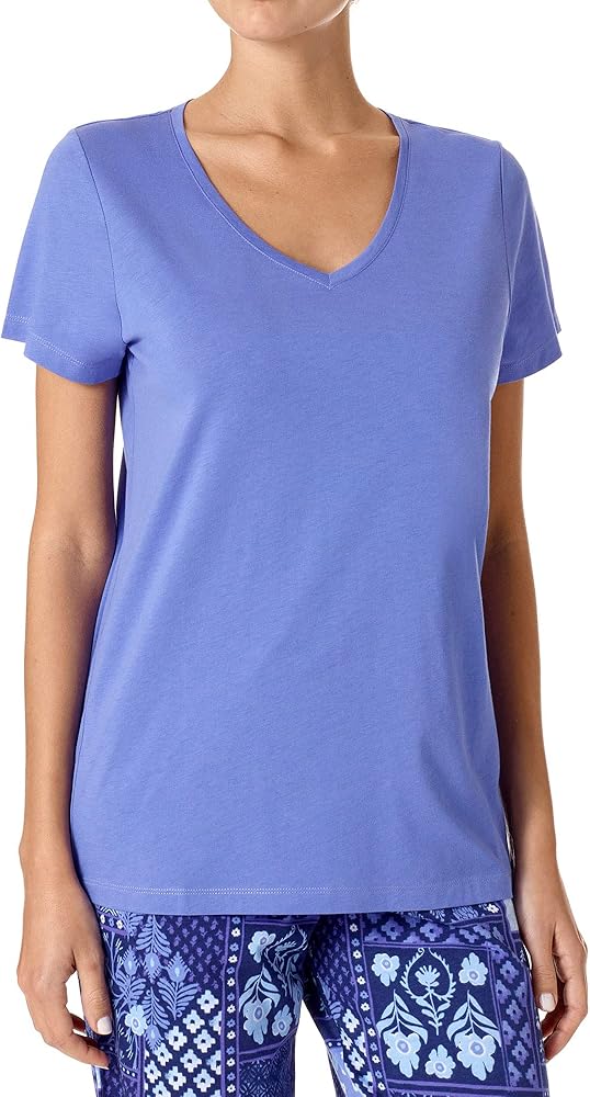 HUE Women's Short Sleeve V-Neck Sleep Tee Pajama Top, Baja Blue, L