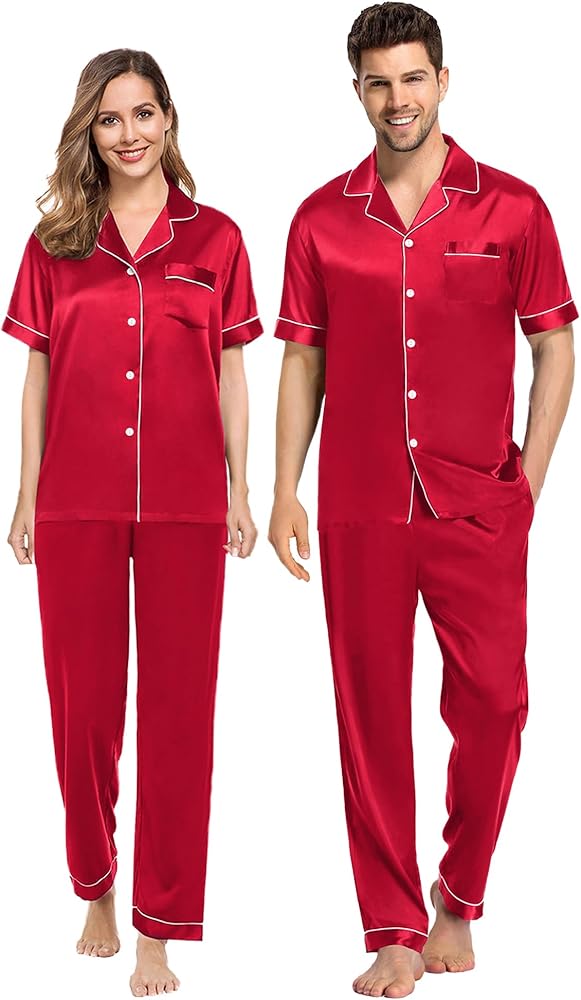 SWOMOG Couples Pajamas Sets Silk Satin Short Sleeve Sleepwear Button Down Loungewear Pjs Set with Long Pants