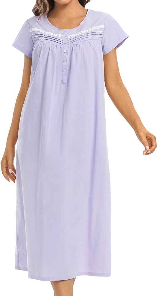 Women's Nightgown Short Sleeve Cotton Mid Length Sleepwear Soft Comfy Button Loungewear Night Dress