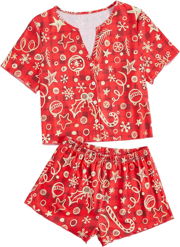 Verdusa Women's 2-Piece Button Down Short Sleeve Ditsy Floral Button Front Sleepwear Loungewear PJ Set Red S