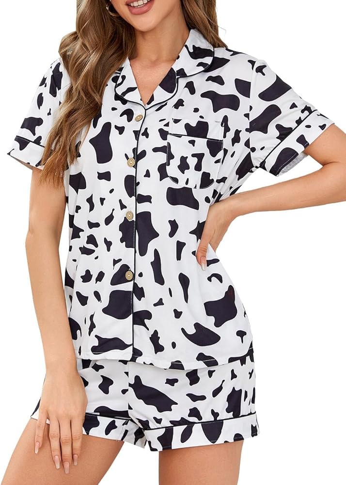 WDIRARA Women's 2 Piece Cow Print Pajama Set Casual Sleepwear Short Sleeve Button Shirt and Shorts Lounge Wear