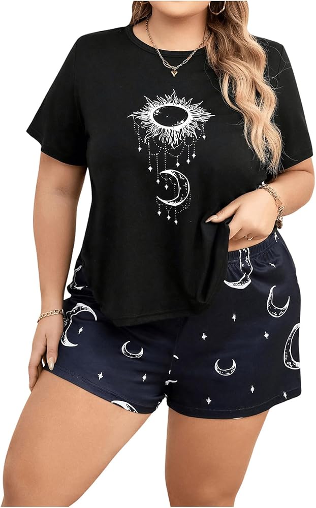 WDIRARA Women's Plus Size Sleepwear Sun Moon Print Round Neck Short Sleeve and Shorts Pajama Set