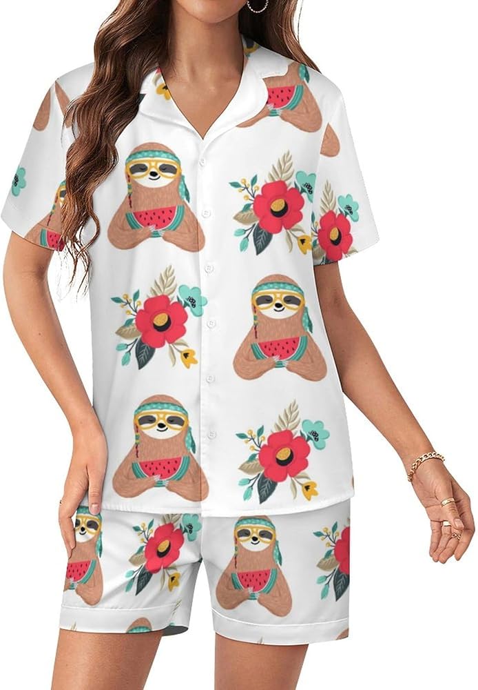 Native USA Sloth Short Sleeve Women's Pajamas Button Down Loungewear Pj Shorts Sets Sleepwear