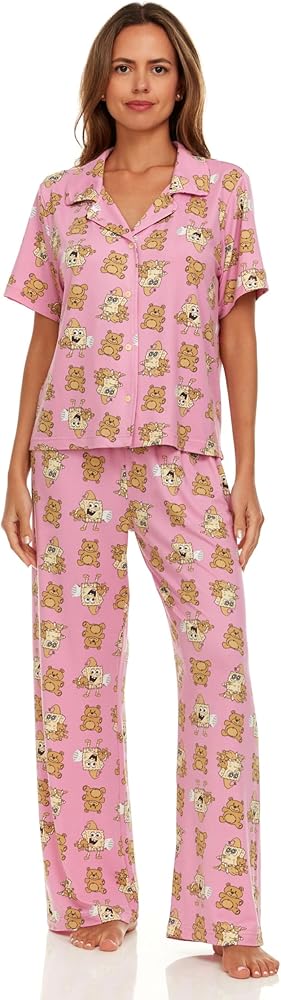 Spongebob Women’s Pajama Set, Soft Stretchy Pajamas with Pants and Short Sleeve, Notch Collar & Button Down Top