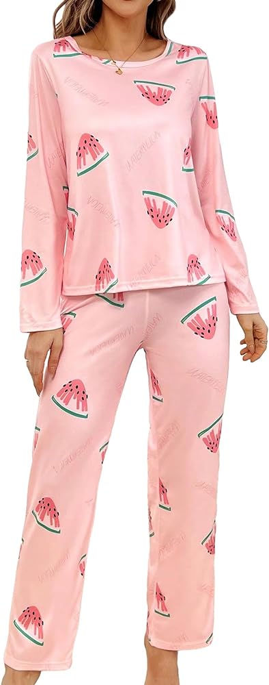 WDIRARA Women's 2 Piece Pajama Set Fruit Graphic Print Long Sleeve Top and Pants Sleepwear