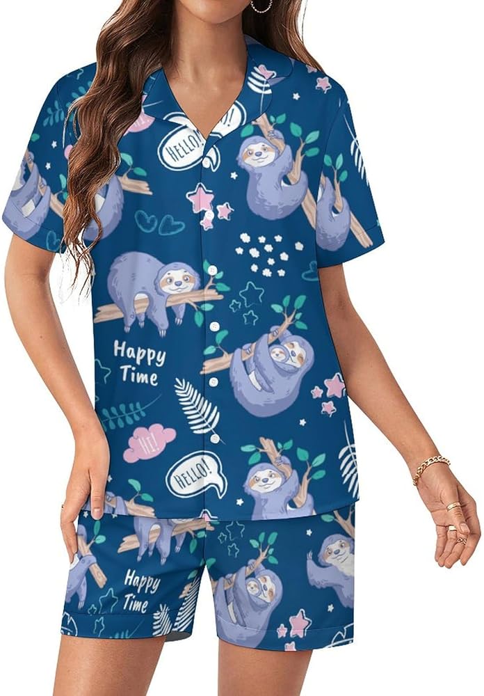 Tropical Sloths Women's Pajamas Set Two Piece Button Down Sleepwear Short Sleeve And Shorts Loungewear