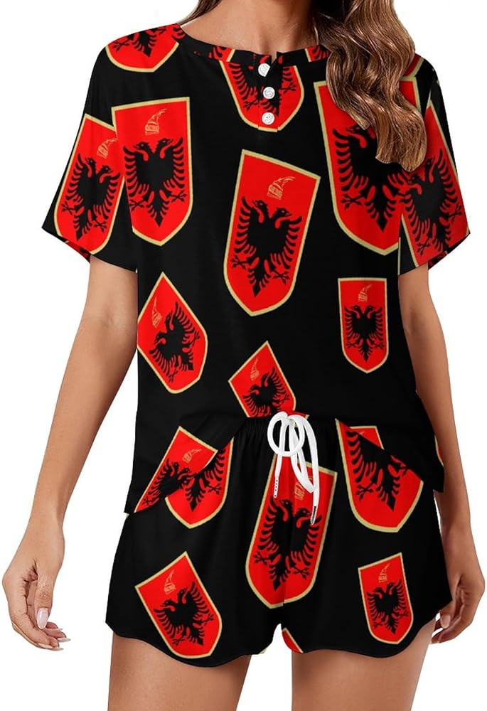 Albanian Flag Coat of Arms Classic Women's Pajamas Loungewear Set Loose Short Sleeve Sleepwear With Pockets