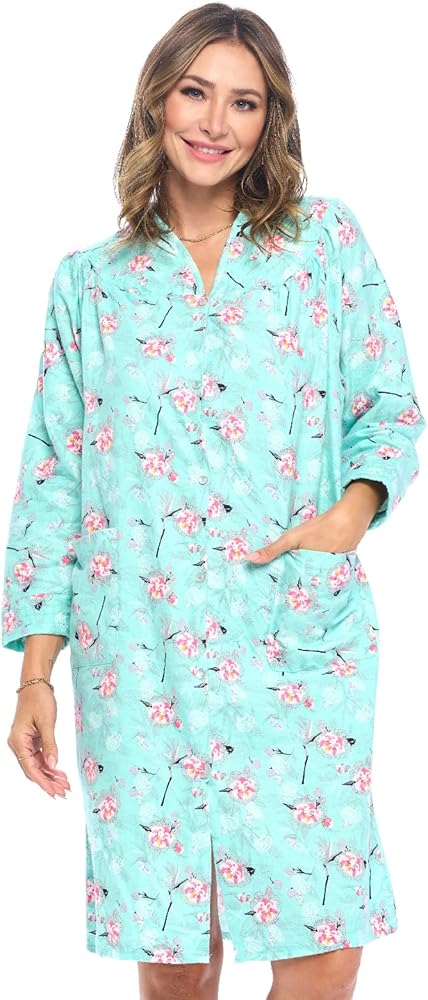 Casual Nights Women's Floral Snap Front Flannel Duster Long Sleeve Lounger Dress