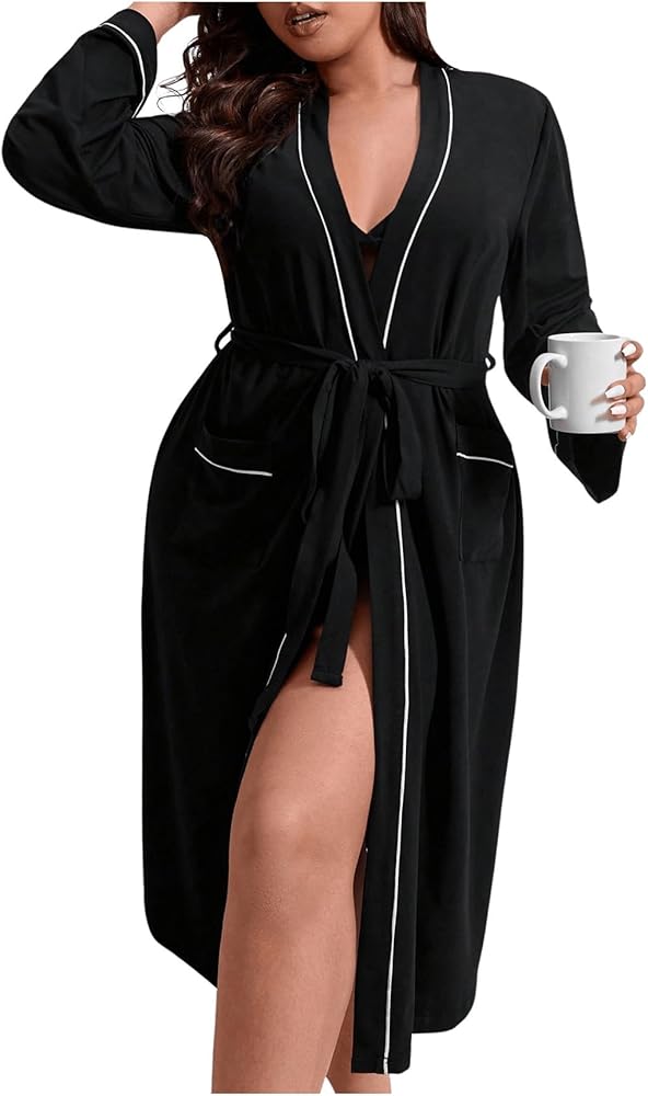 SOLY HUX Women's Plus Size Robe Contrast Binding V Neck Long Sleeve Belted Kimono Robes Sleepwear with Pockets