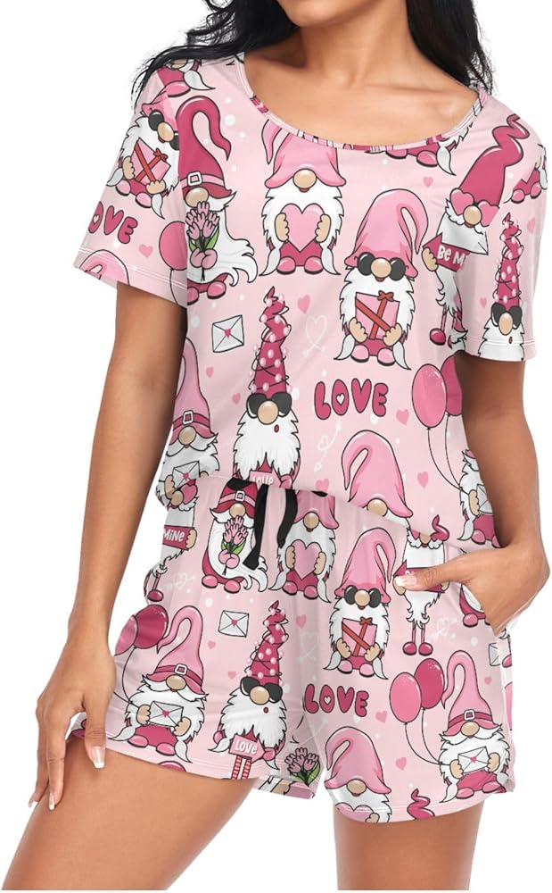 ALAZA Women Pajamas Sets Garden Gnomes Heart Short Sleeve 2 Piece Pjs