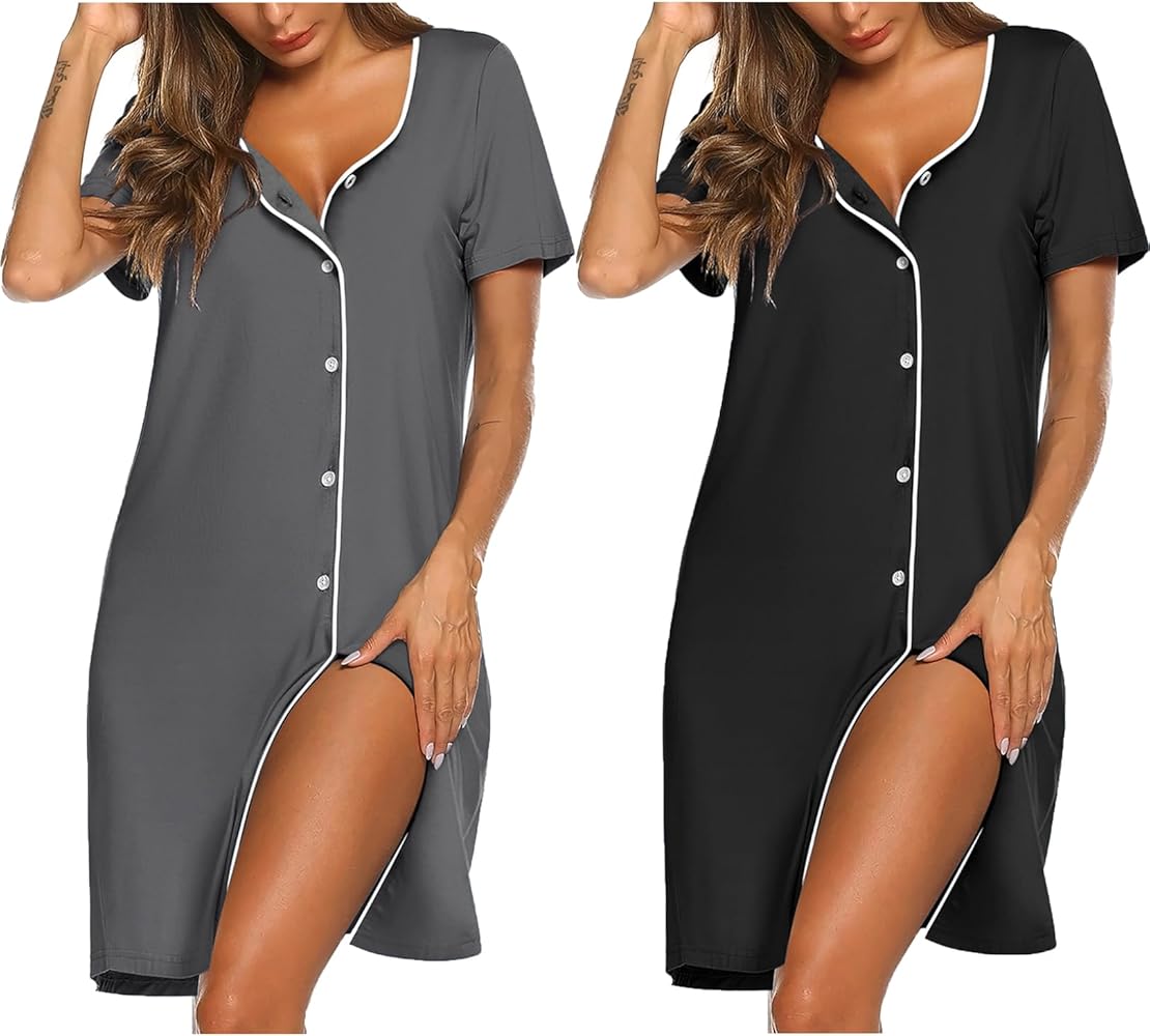 Ekouaer Nightgowns for Women 2 Pack Button Down Sleepshirt Short Sleeve Nightshirt Soft Sleepwear V Neck Pajama Dress