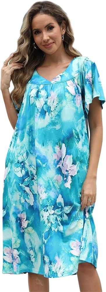 Muumuu House Dresses for Women Nightgown Duster Moomoo Short Sleeve Patio Dress with Pockets S-3XL