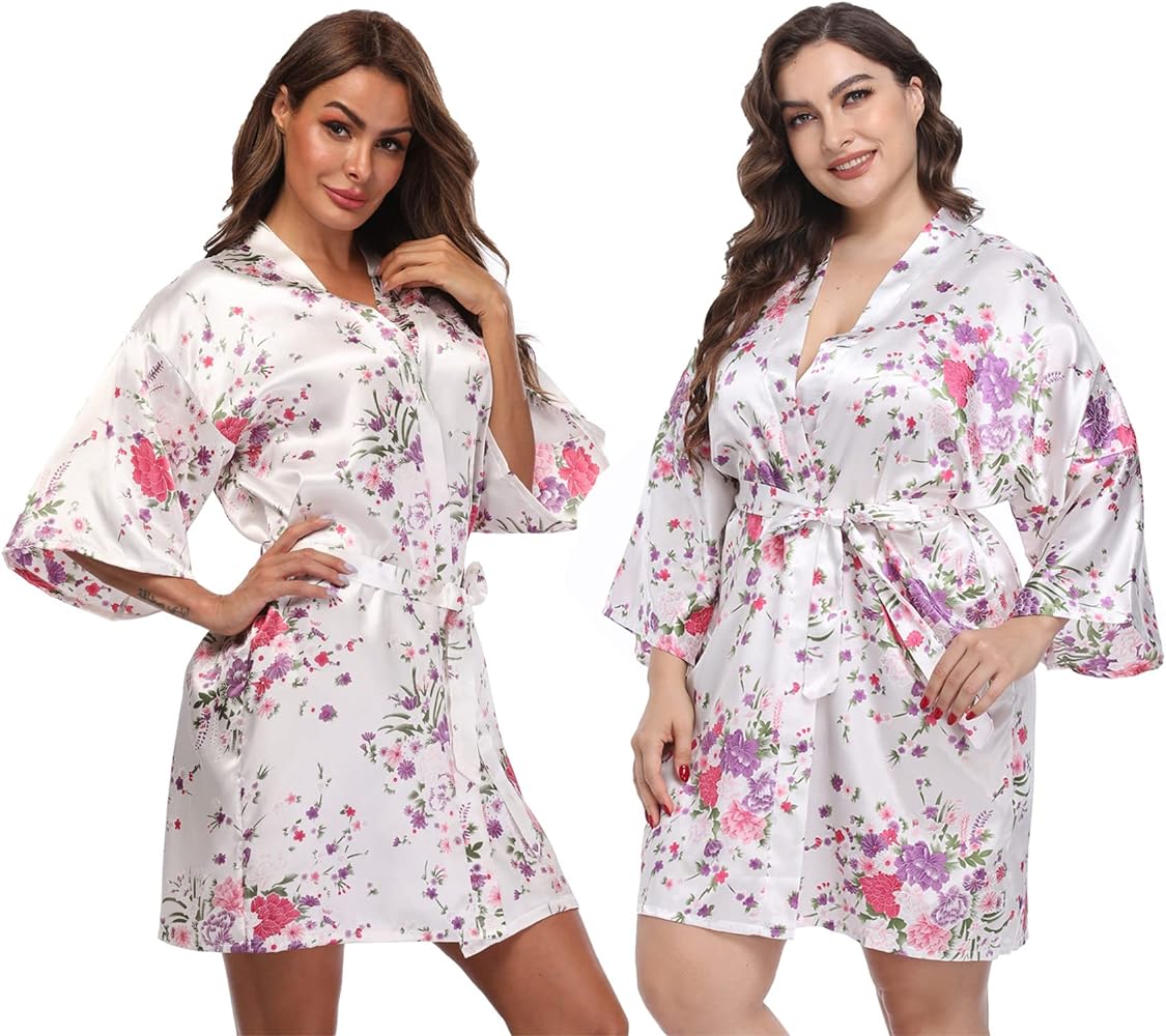 Women's Short Floral Satin Kimono Robe Blossom Bathrobe for Wedding Party Bridal Dressing Gown Sleepwear