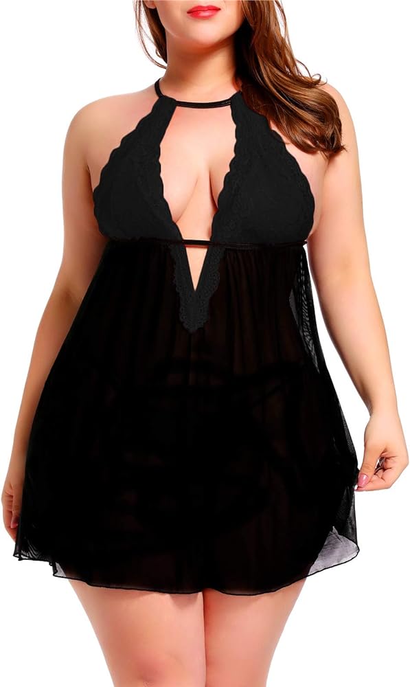 Women's Plus Size Lingerie Sexy Sheer Lace Babydoll Mesh Strap Chemise Halter V Neck Sleepwear