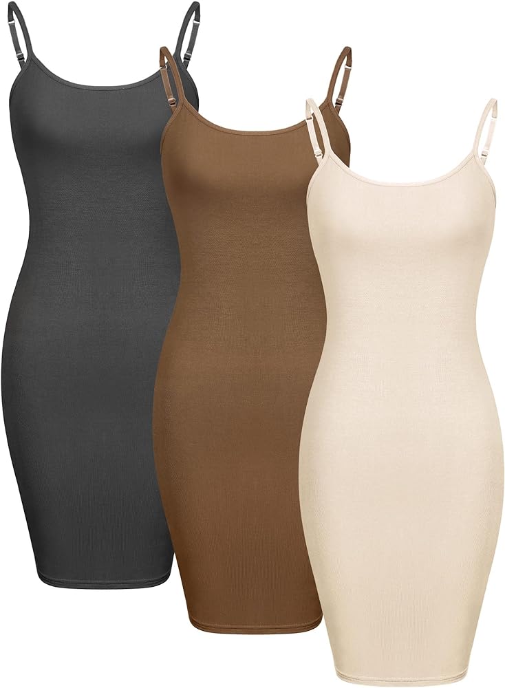 WILLBOND 3 Pieces Basic Cami Women Long Tanks Dress with Strap, Solid Color