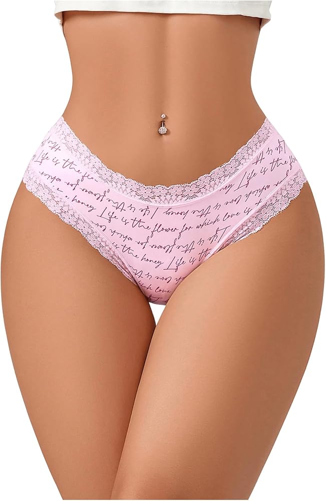 Milumia Women Sexy Lace Panties Low Rise Letter Print Bikini Underwear