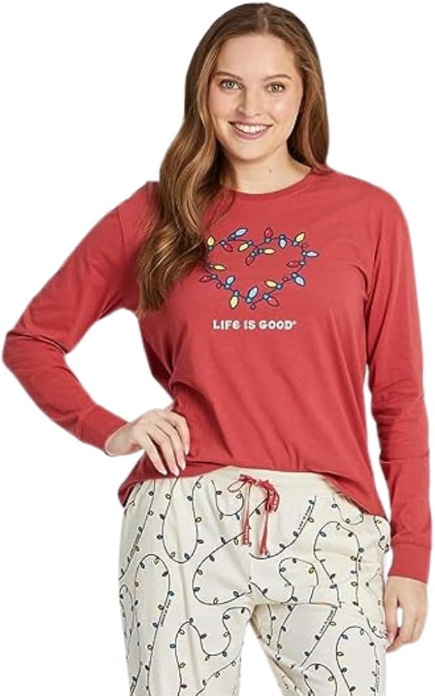 Life is Good. Women's Holiday Lights Heart LS Relaxed Sleep Tee, Faded Red, Small