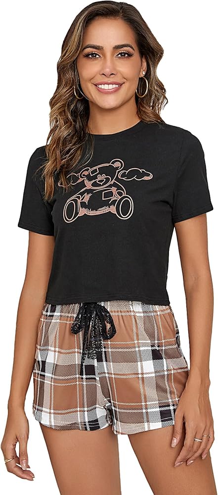 SOLY HUX Women's Short Sleeve Tee Top and Plaid Shorts Lounge Pajama Set Sleepwear Black Brown Multi L