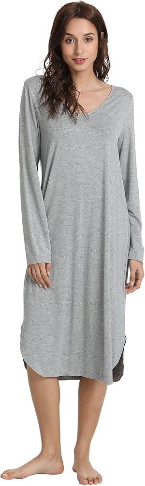 GYS Bamboo Nightgowns for Women Soft Long Sleeve V Neck Night Shirts Sleepwear