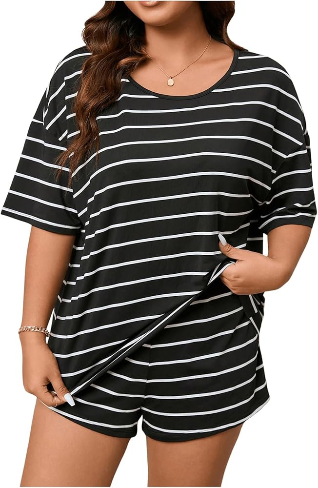 SOLY HUX Women's Plus Size Pajama Set Striped Half Sleeve Tee and Shorts Sleepwear Loungewear