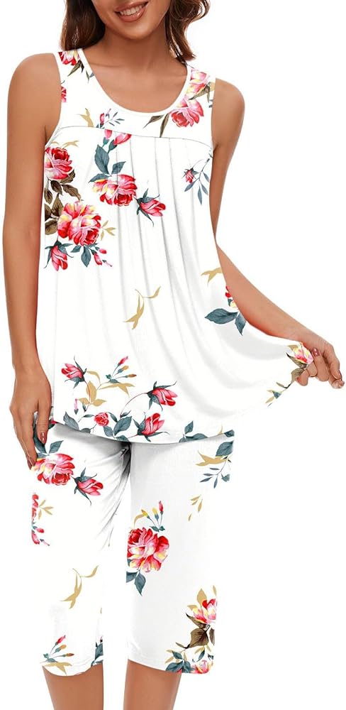 Womens Pajama Sets Solid/Floral Print Sleeveless Pleated Top with Capri Pants Pj Set Sleepwear 2 Piece Lounge Set