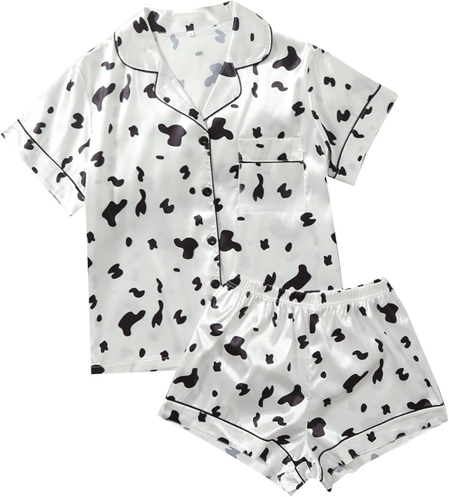 WDIRARA Women's Sleepwear Cow Print Satin Short Sleeve Shirt and Shorts Pajama Set