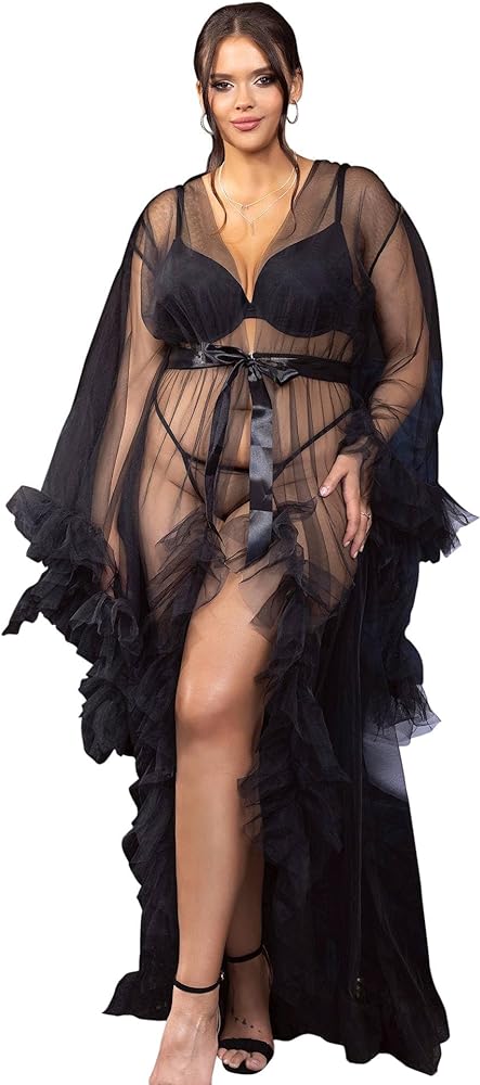 ohyeah Tulle Robe Plus Size Lingerie Robe Lace Sheer Fancy Robe for Women Long Bridal Lingerie Wedding Scarf Nightgown