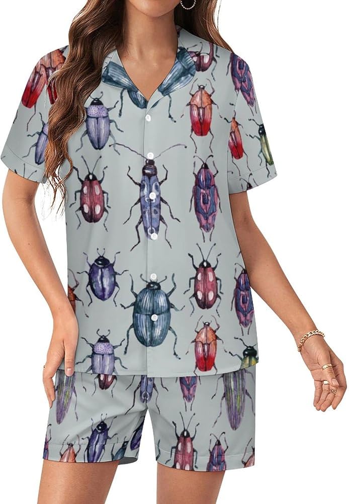 Beetle Insect Bug Women's Pajamas Set Two Piece Button Down Sleepwear Short Sleeve And Shorts Loungewear