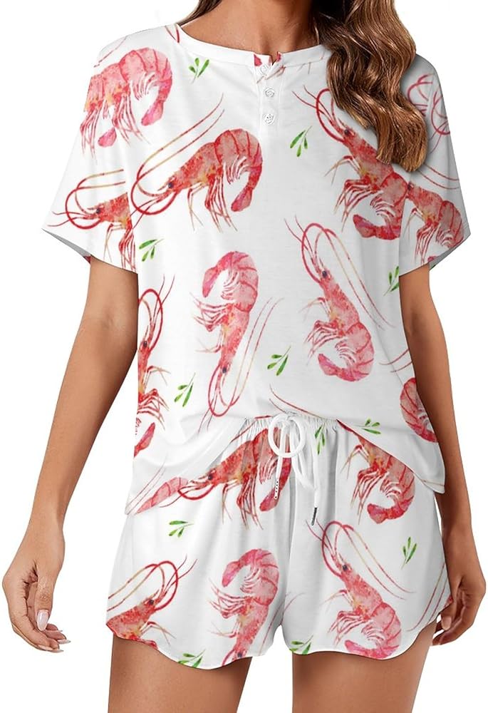 Colorful Shrimp Classic Women's Pajamas Loungewear Set Loose Short Sleeve Sleepwear With Pockets