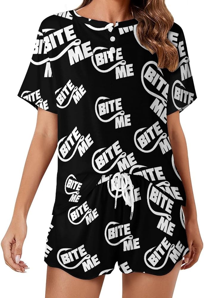 Bite Me Fishing Classic Women's Pajamas Loungewear Set Loose Short Sleeve Sleepwear With Pockets