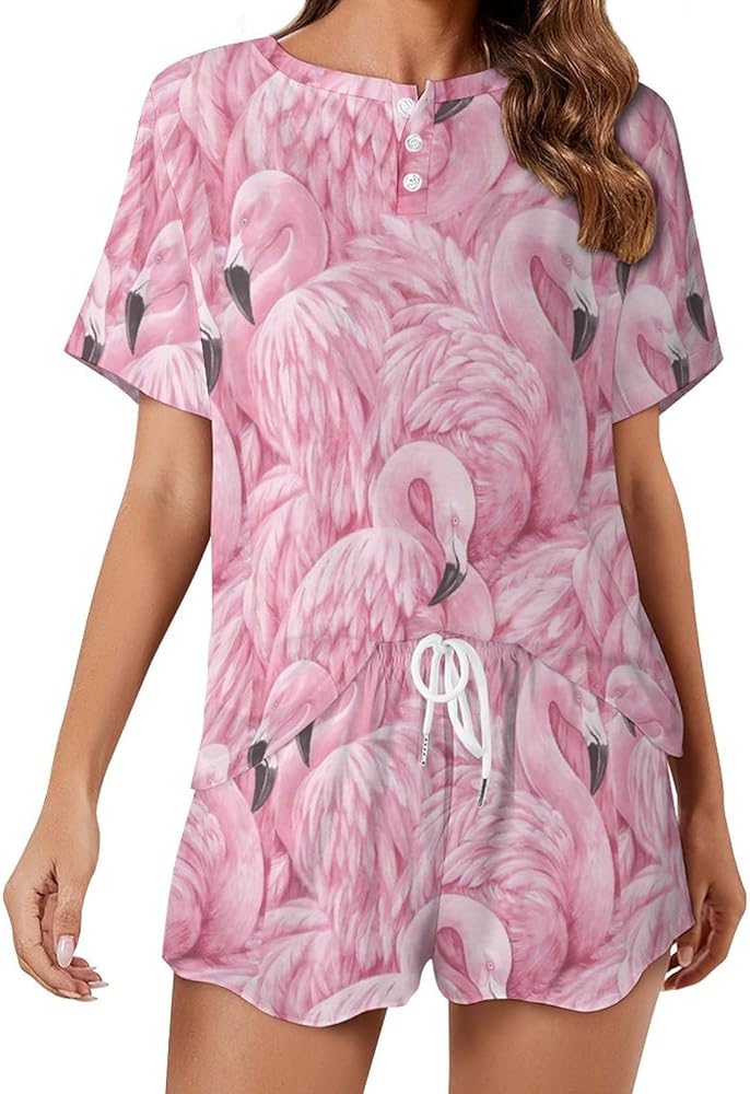 Flamingo Bird Women's 2 Piece Pajamas Short Sleeve Shorts Sleepwear Set Causal Loungewear Home Suit 5XL