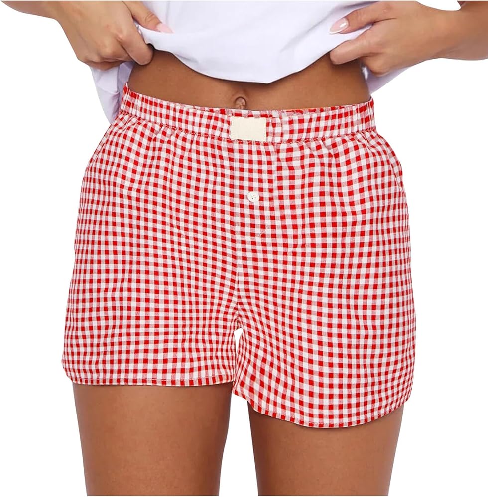 Womens Shorts Y2K Button Front Checkered Pajama Bottoms Lounge Shorts Cute Plaid Striped Print Boxer Sleeping Shorts