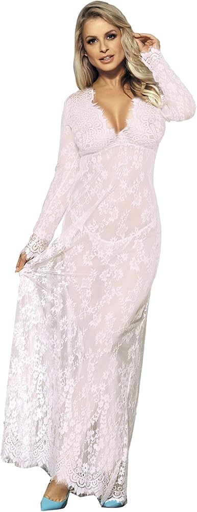 ohyeah Plus Size Long Gown Lingerie Floral Lace Nightgown Lace Maxi Maternity Dress Big Size Long Sleeve Chemise