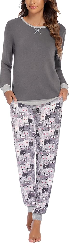 Ekouaer Pajamas Set for Women Long Sleeve Crew Neck Comfy Pjs Lounge Sets With Pockets